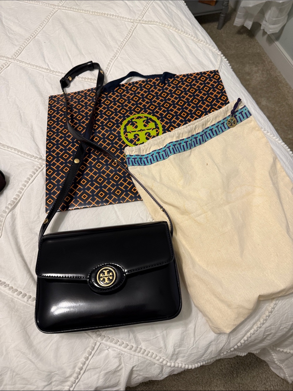 Tory Burch Black Patent Leather Crossbody with Gold Logo